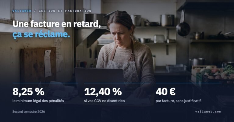 Image de couverture : une facture en retard, ça se réclame. 8,25 %, 12,40 % et 40 € par facture au second semestre 2026