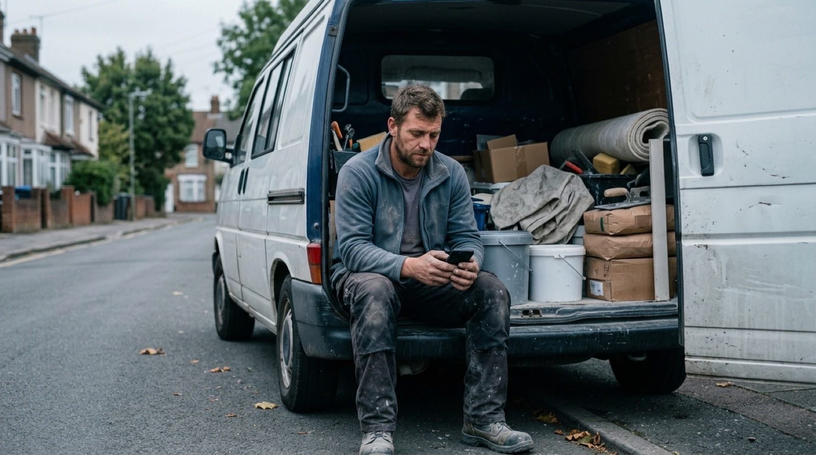 Relancer un devis entre deux chantiers : un artisan assis à l’arrière de son fourgon ouvert consulte son téléphone